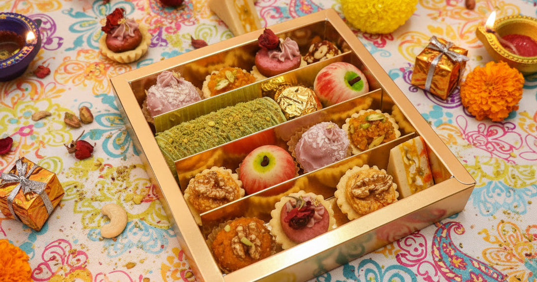 Gold box of Indian sweets surrounded by lit diyas and marigolds for Diwali