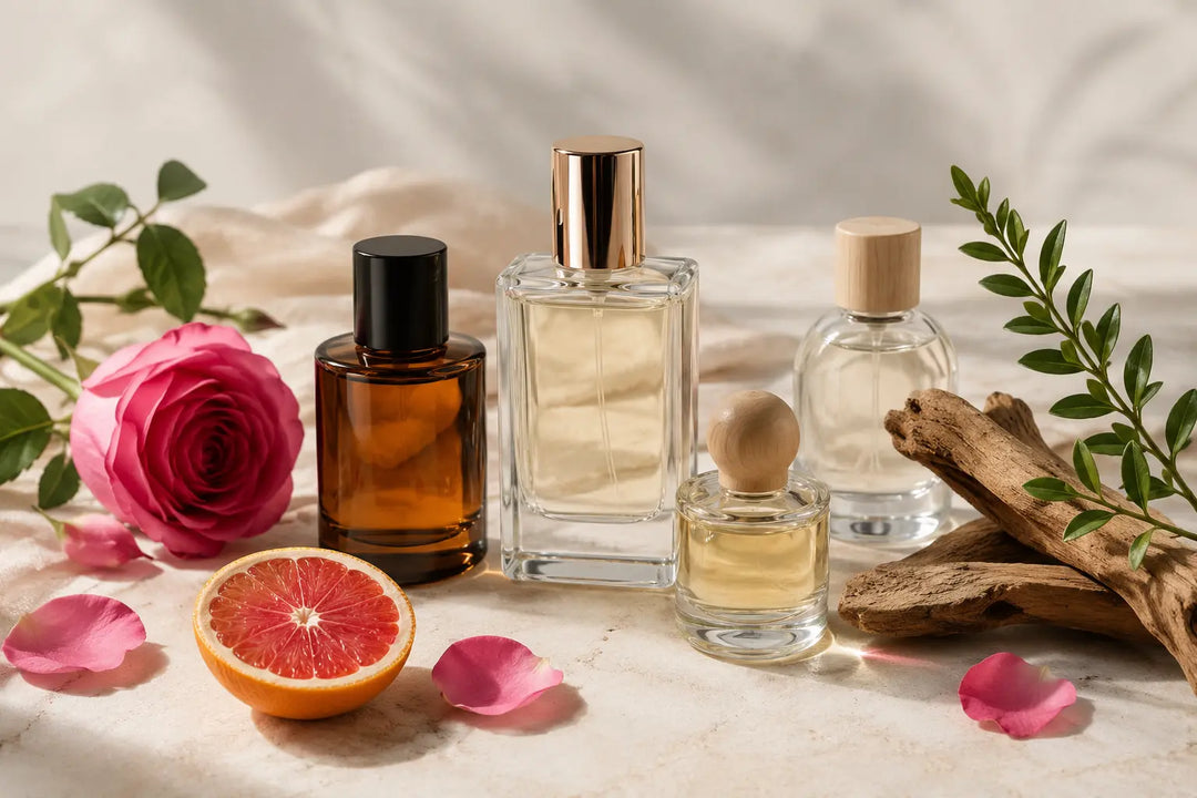 Unlabelled perfume bottles with flowers, citrus and wood — choosing a fragrance