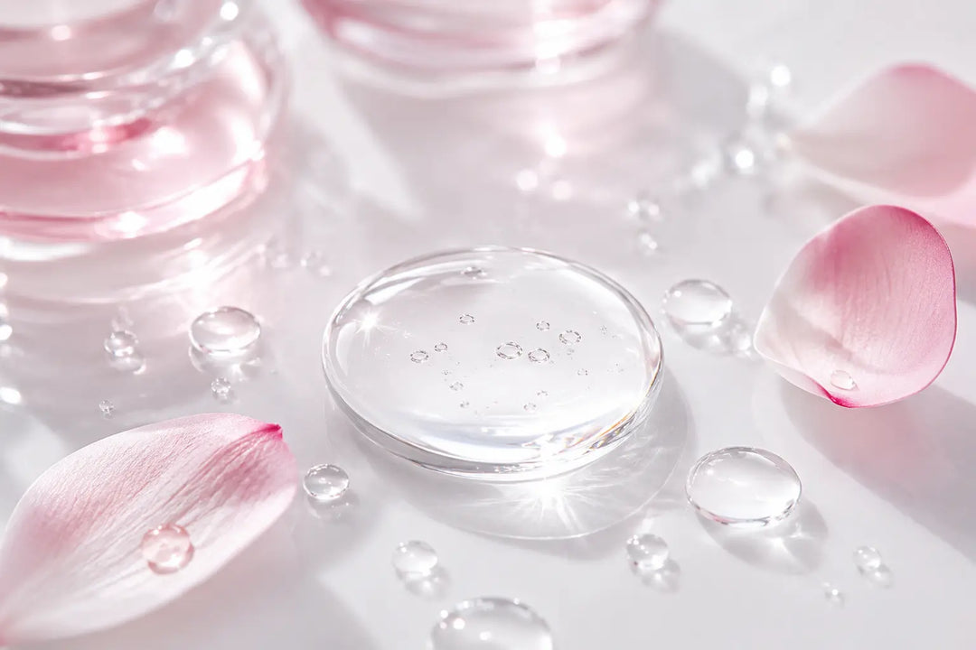 Dewy glass-skin glow — a drop of essence and water beads on a clean surface