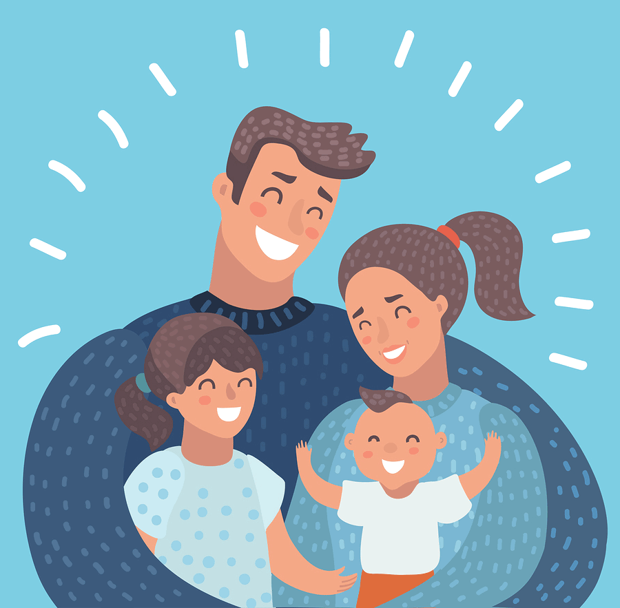 Illustration of a young family holding a baby and toddler