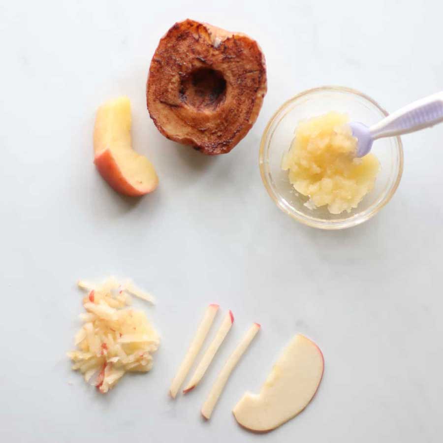 Apple purée and soft apple pieces prepared for a baby's first foods