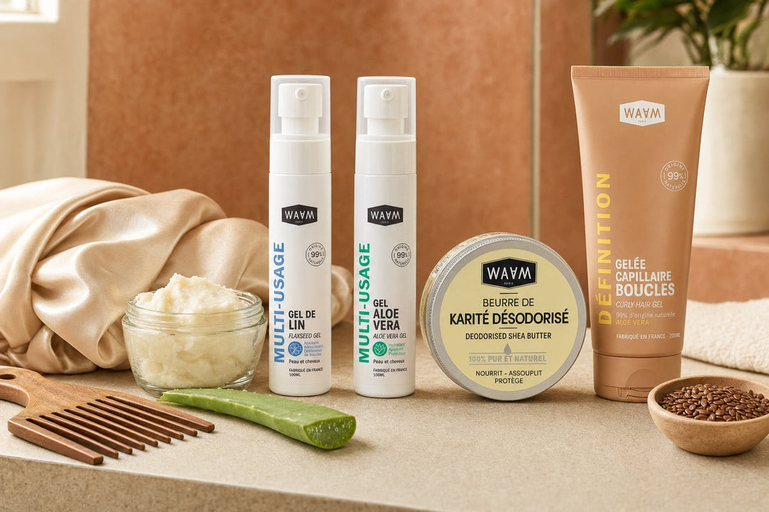 Whipped shea butter, aloe vera gel and flaxseed gel laid out for a curly and coily hair routine
