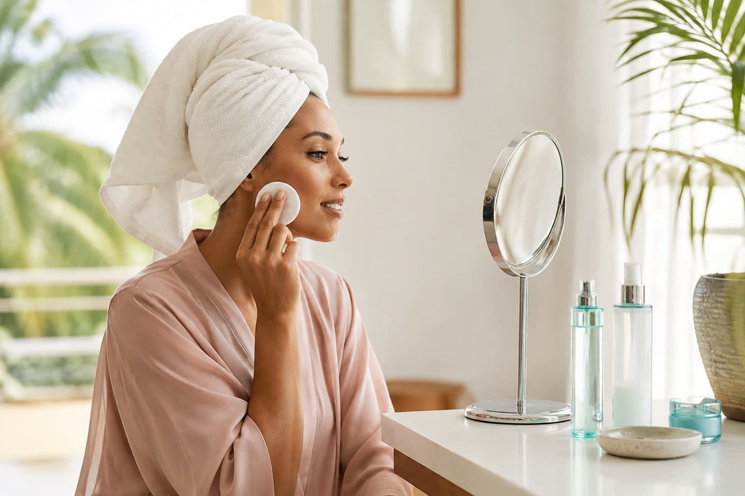 Woman applying toner with a cotton pad at a bright dressing table, palm trees outside — hydration skincare routine in Mauritius