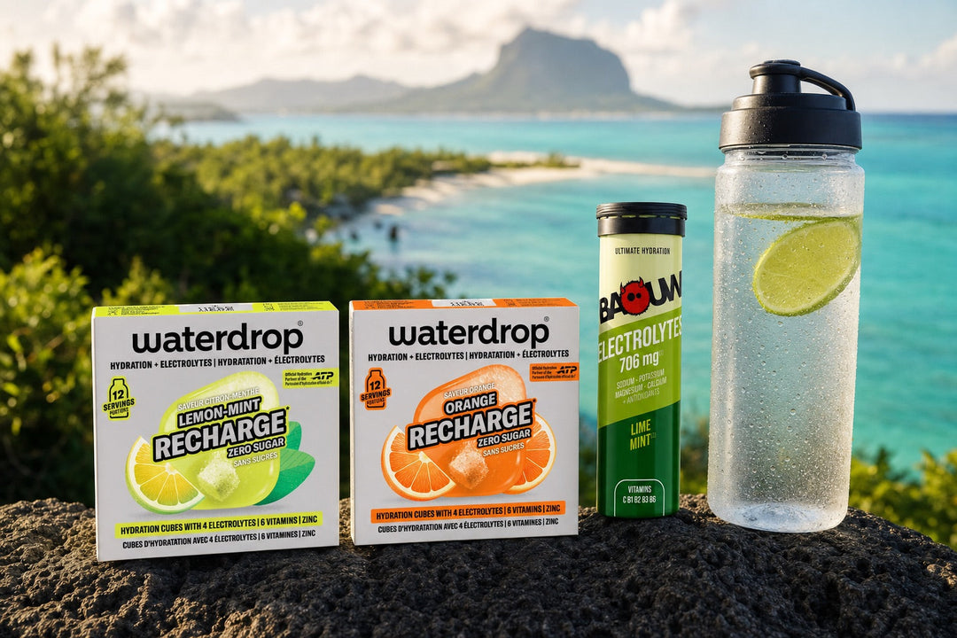 Trail runner in Mauritius dropping an electrolyte tablet into a water bottle