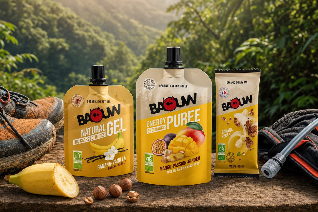 Baouw organic energy gels, fruit purées and an energy bar laid out on a trail-running vest before a race in Mauritius