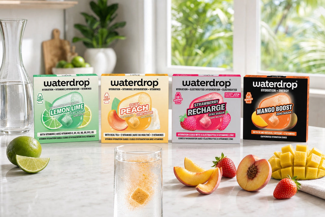 Waterdrop Microdrink, Microlyte and Microenergy cube boxes next to a reusable water bottle