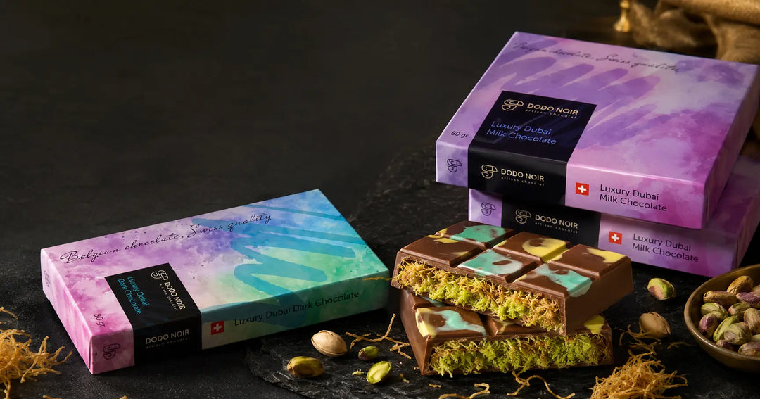 Dubai chocolate in Mauritius — milk and dark pistachio-kunafa bars by DodoMarket