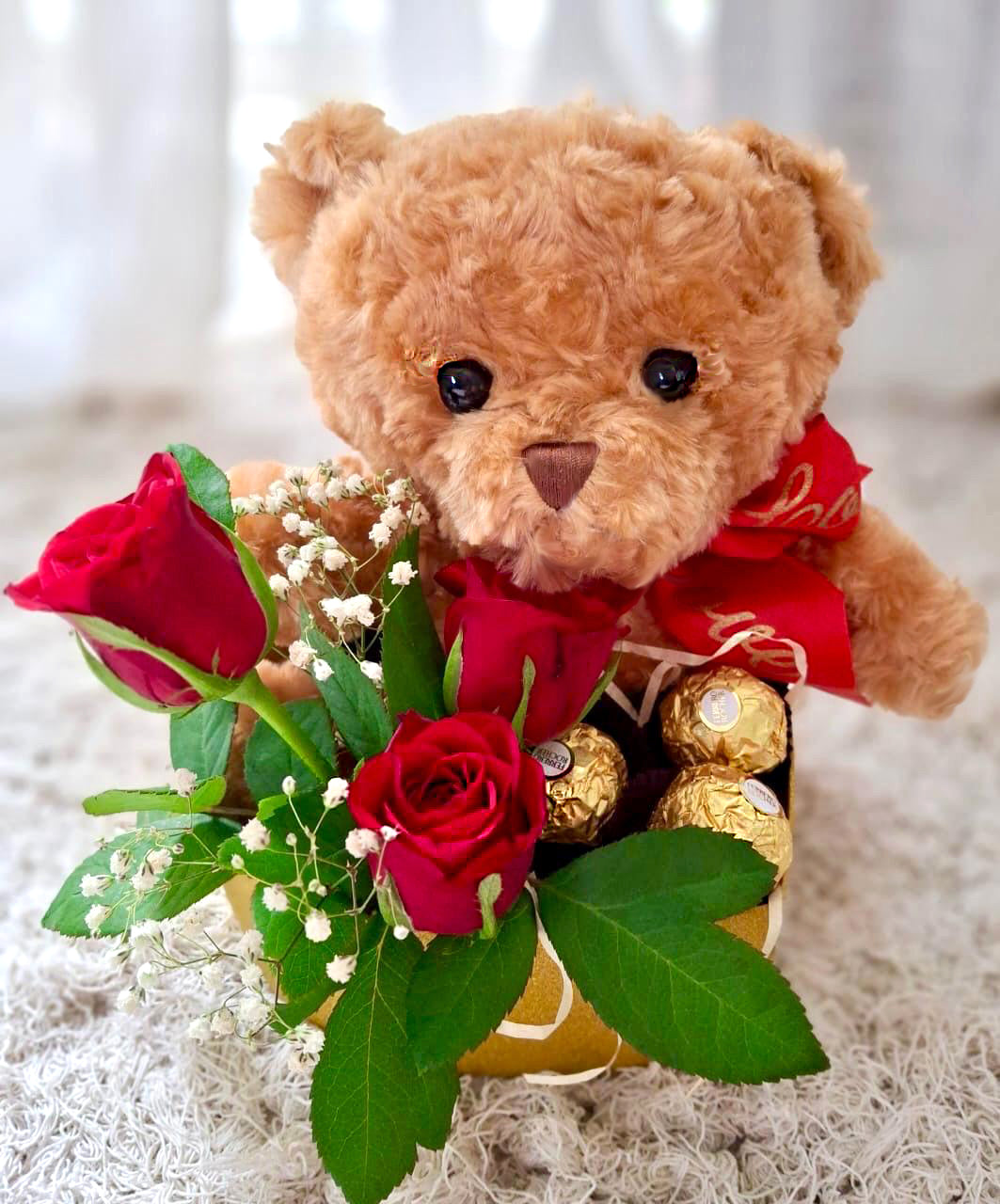 Bear Holding Valentines Teddy Bear And Flowers Teddy Bear Holding