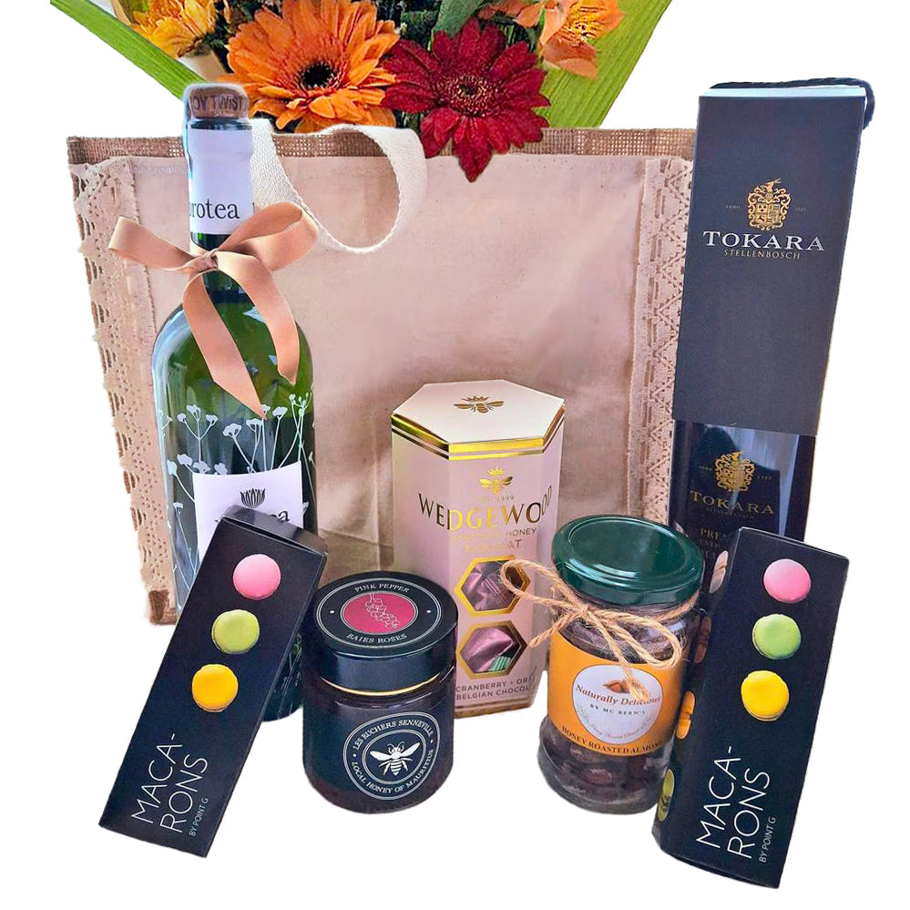 Flowers-and-Gourmet-food-hamper-bag-DodoMarket-delivery-Mauritius