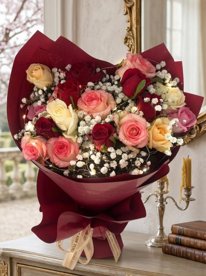Gilded-Roses-Bouquet-LED-Burgundy-interior-DodoMarket-delivery-Mauritius
