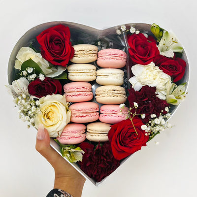 Heart Shape Box with Macarons and Flowers