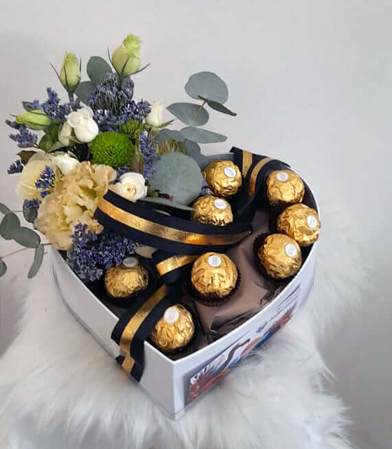 Men's Heart Box with Chocolates and Flowers