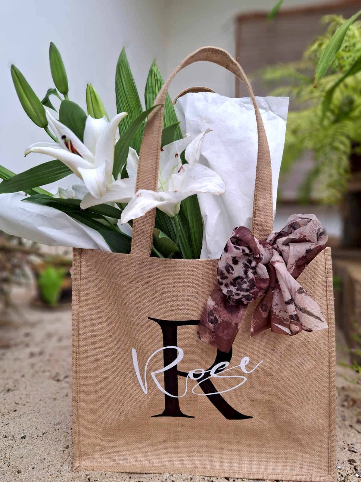 Personalized-Jute-Bag-Lilies-bouquet-printed-scarf-DodoMarket-delivery-Mauritius