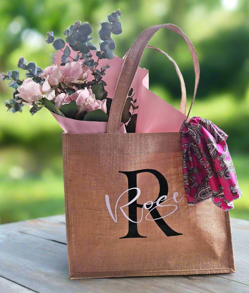 Personalized-Jute-Bag-roses-bouquet-scarf-DodoMarket-delivery-Mauritius