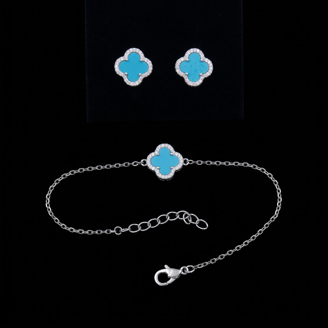 Silver-lucky-clover-turquoise-bracelet-earrings-set-DodoMarket