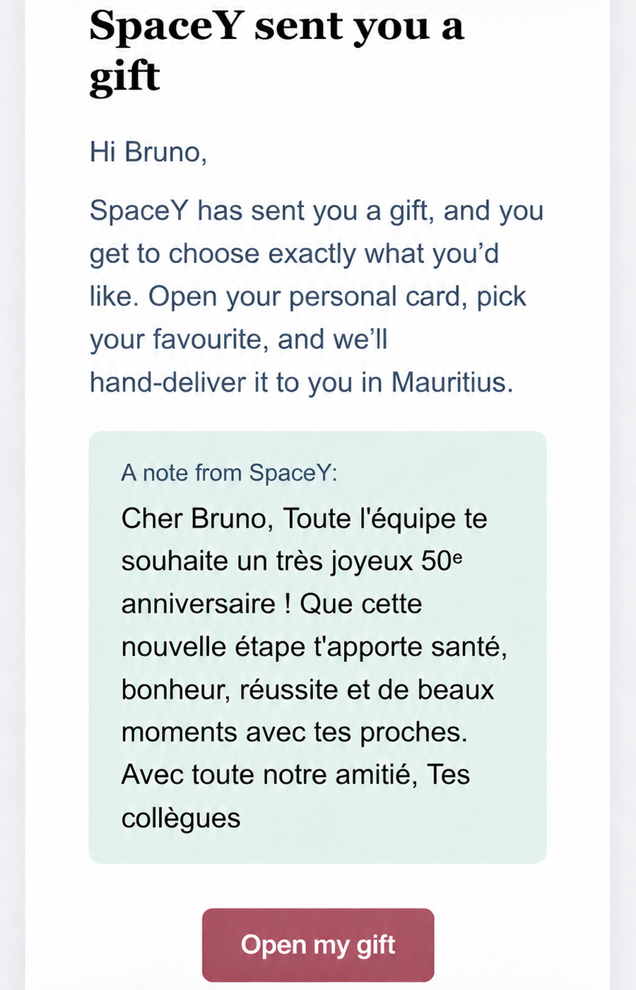 Gift recipient receiving an email notification that a company has sent them a gift to choose