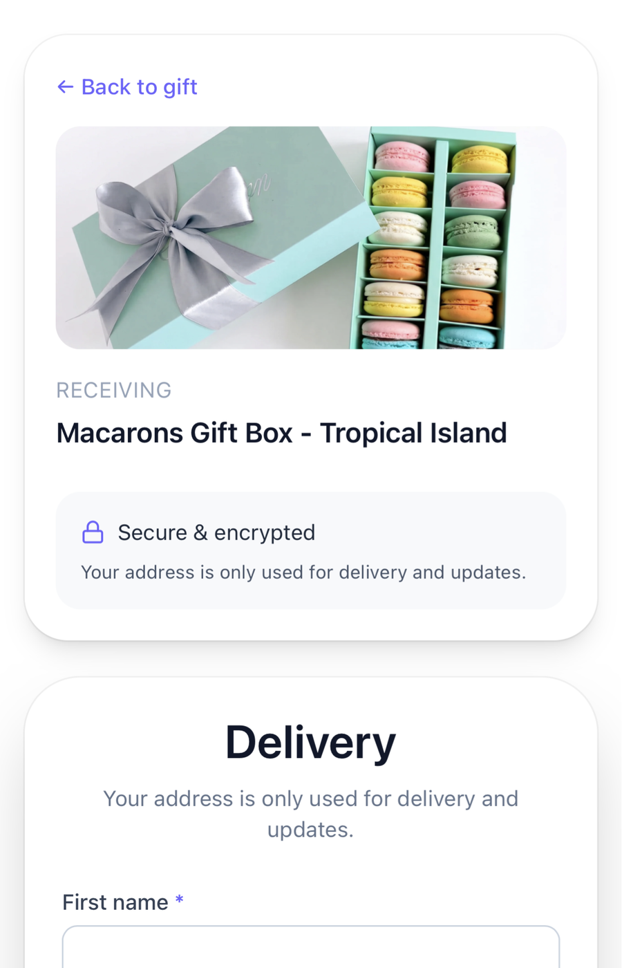 Gift recipient entering their own delivery address and date for a macarons gift box