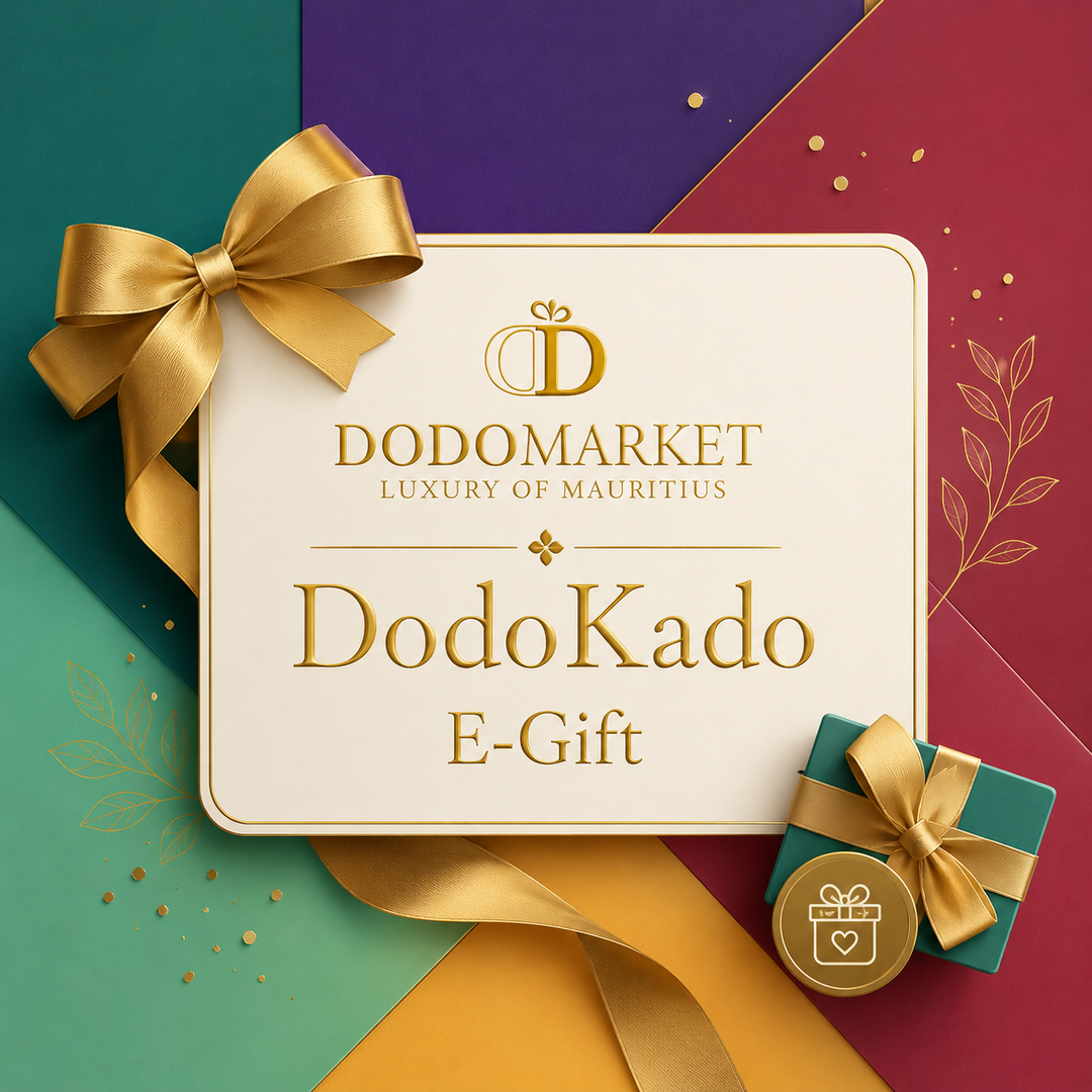 Dodo Kado e-gift card with gold ribbon on a colorful background