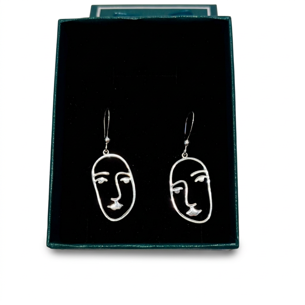 Silver Abstract Face Earrings : Artistic Expression in Sterling