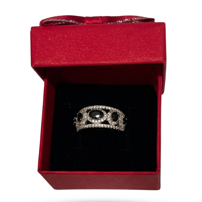 Silver Black CZ & Crystal Ring : Bold Beauty in Ornate Design