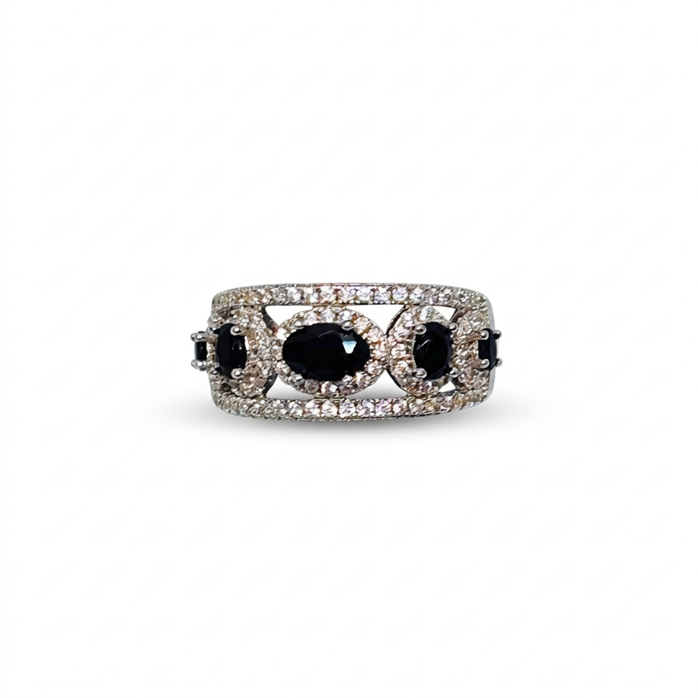 Silver Black CZ & Crystal Ring : Bold Beauty in Ornate Design