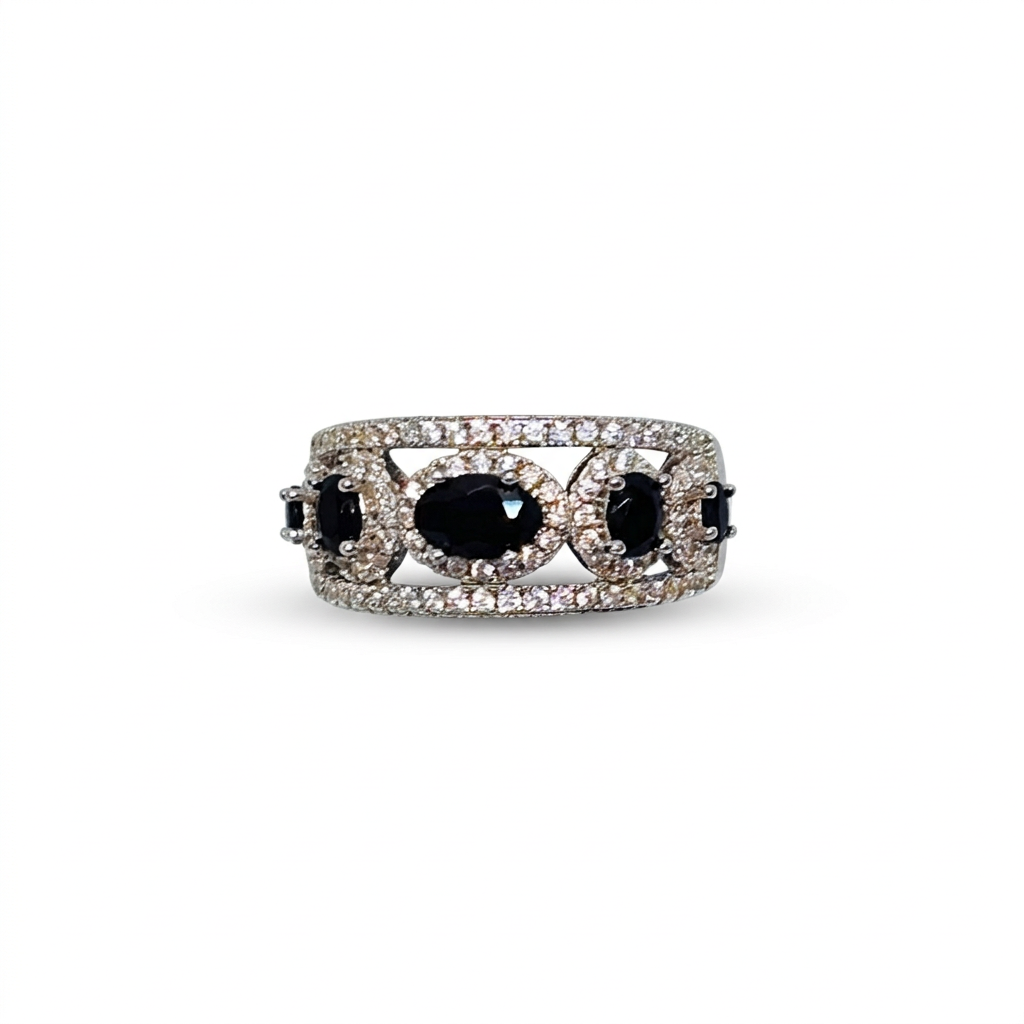 Silver Black CZ & Crystal Ring : Bold Beauty in Ornate Design