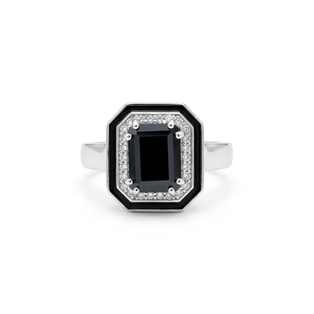 Silver Black CZ Halo Ring : An Art Deco Statement Piece