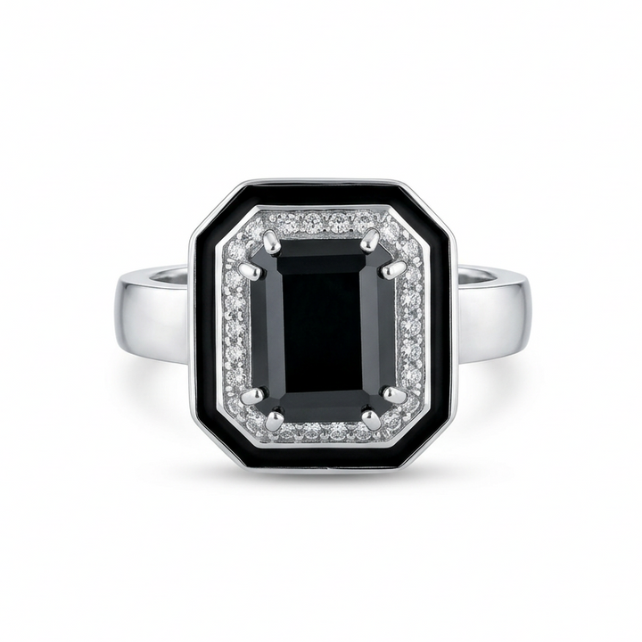 Silver Black CZ Halo Ring : An Art Deco Statement Piece