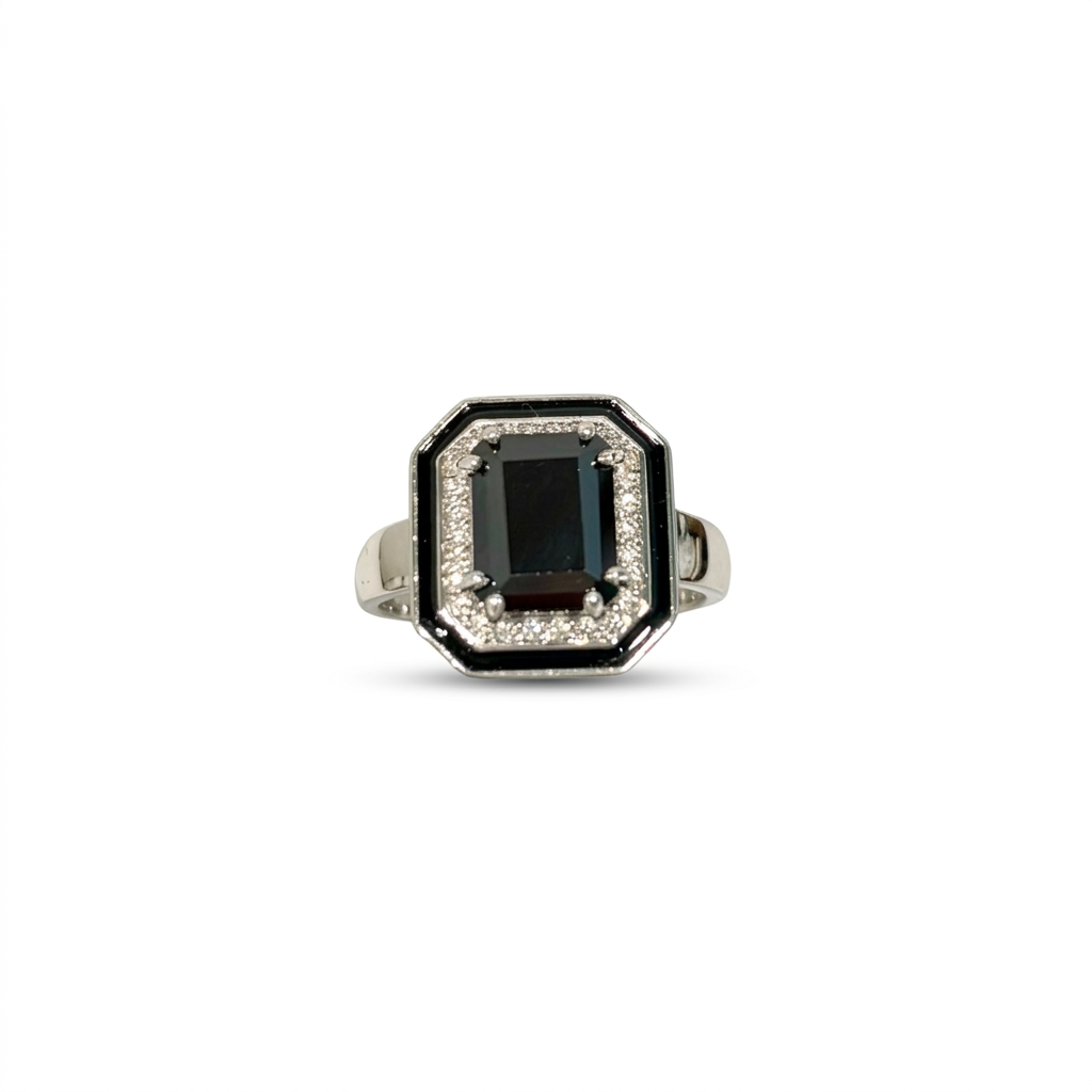Silver Black CZ Halo Ring : An Art Deco Statement Piece