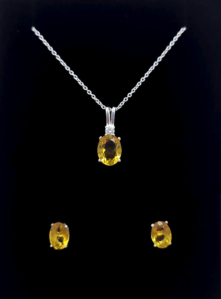 Citrine Yellow CZ Silver Pendant & Earrings Set