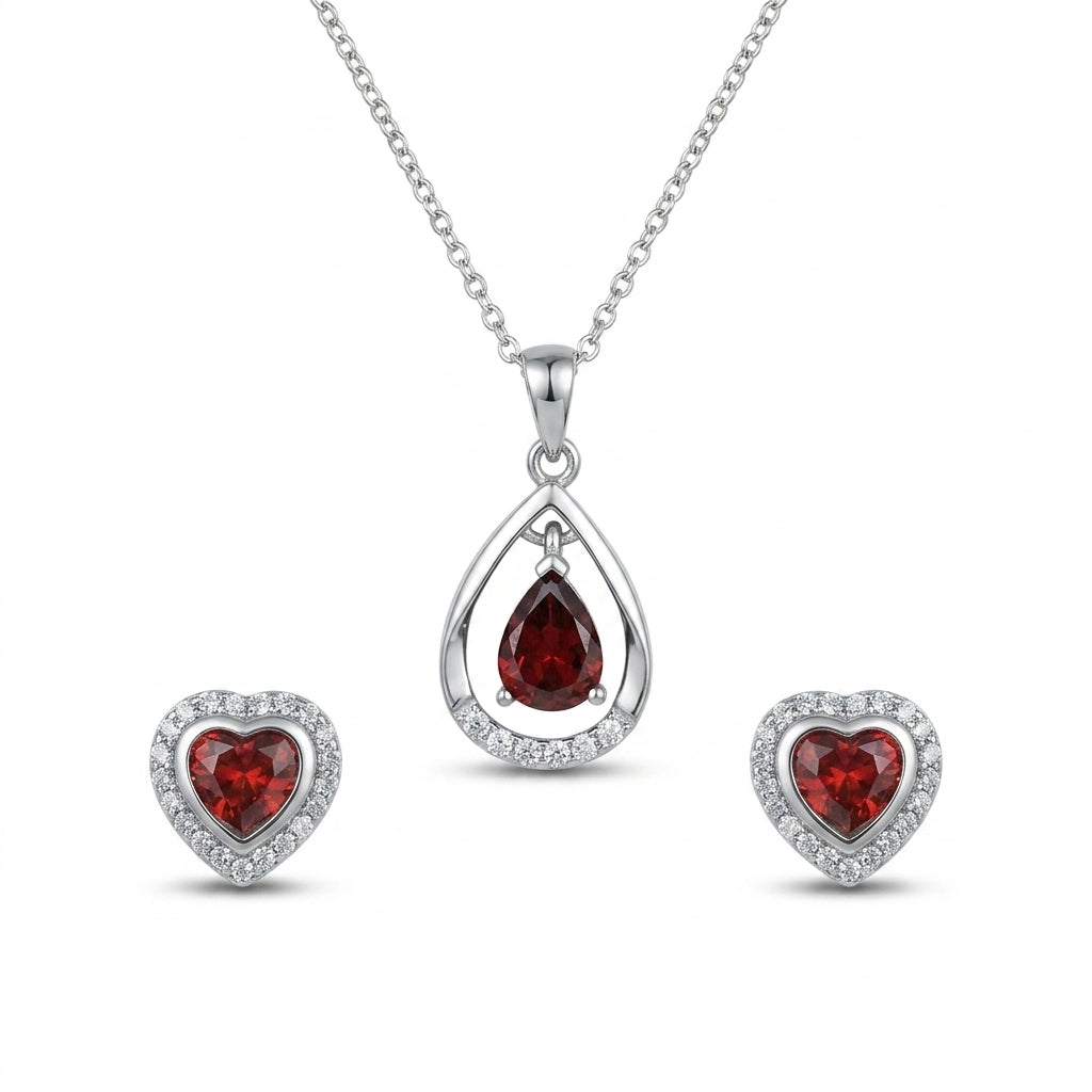 Silver Garnet Drop Pendant & Earrings Set : Teardrops of Crimson Devotion