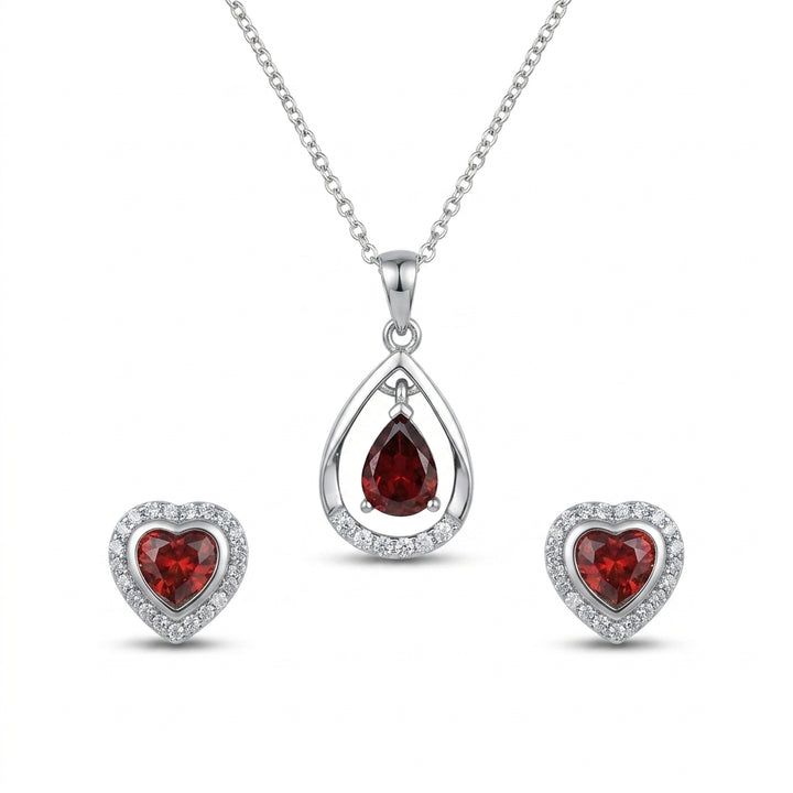 Silver Garnet Drop Pendant & Earrings Set : Teardrops of Crimson Devotion