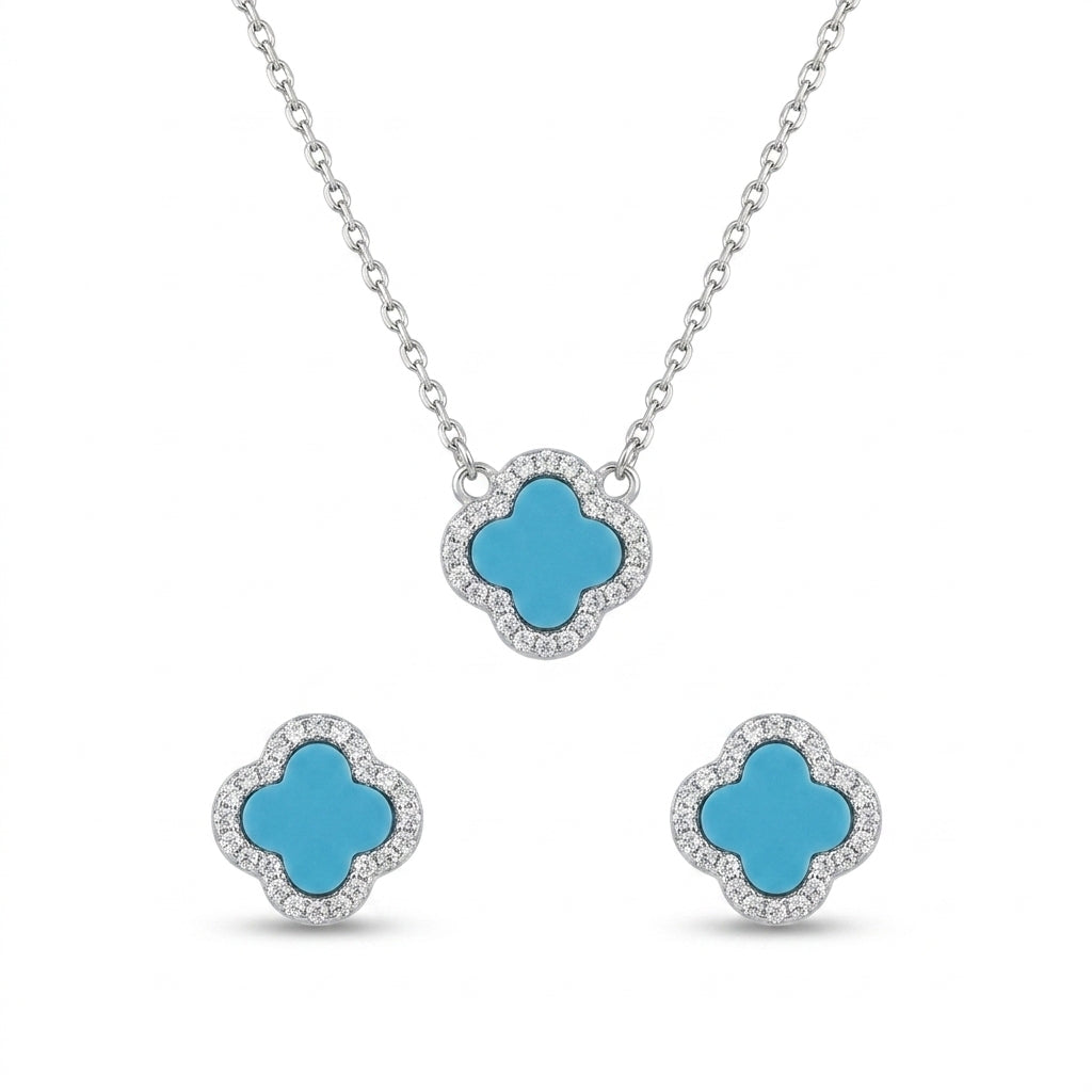 Silver Lucky Clover Turquoise Pendant & Earrings Set : A Talisman of Good Fortune