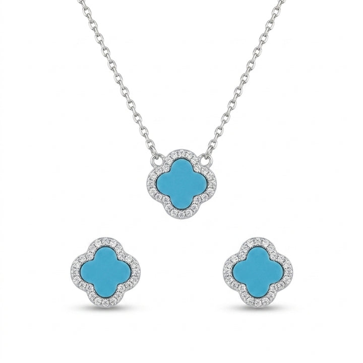 Silver Lucky Clover Turquoise Pendant & Earrings Set : A Talisman of Good Fortune