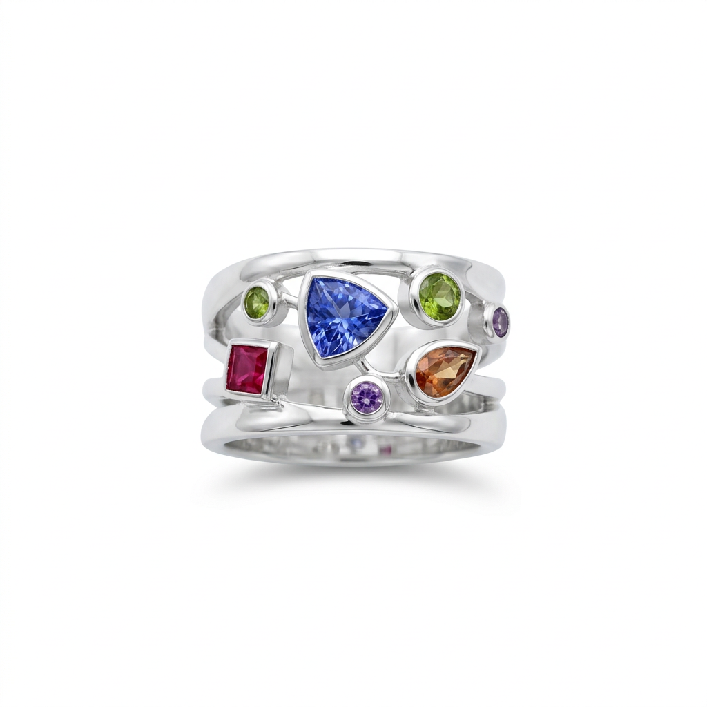 Silver Multi-Colour CZ Cocktail Ring (Size 55) : A Cascade of Vibrant Brilliance