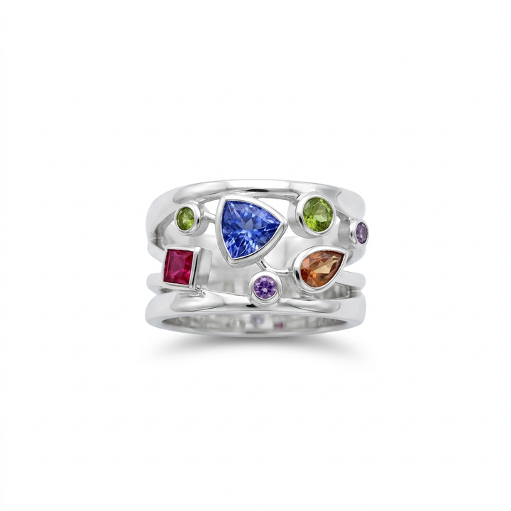 Silver Multi-Colour CZ Cocktail Ring (Size 55) : A Cascade of Vibrant Brilliance