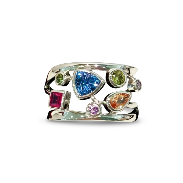 Silver Multi-Colour CZ Cocktail Ring (Size 55) : A Cascade of Vibrant Brilliance