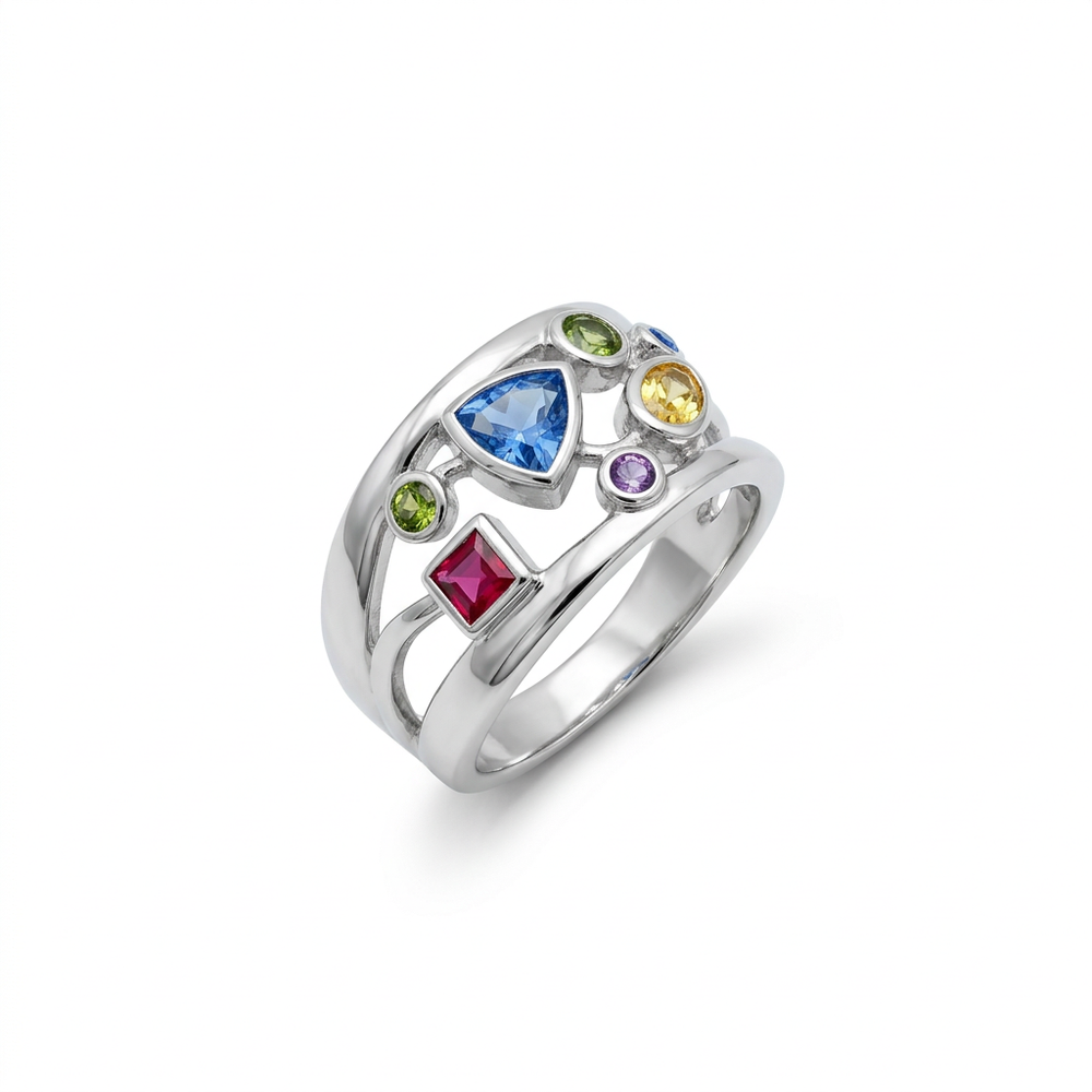 Silver Multi-Colour CZ Cocktail Ring (Size 55) : A Cascade of Vibrant Brilliance