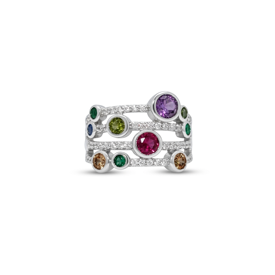 Silver Multi-Colour CZ Cocktail Ring (Size 60) : A Cascade of Vibrant Brilliance