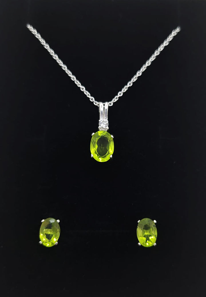 Peridot Green CZ Silver Pendant & Earrings Set