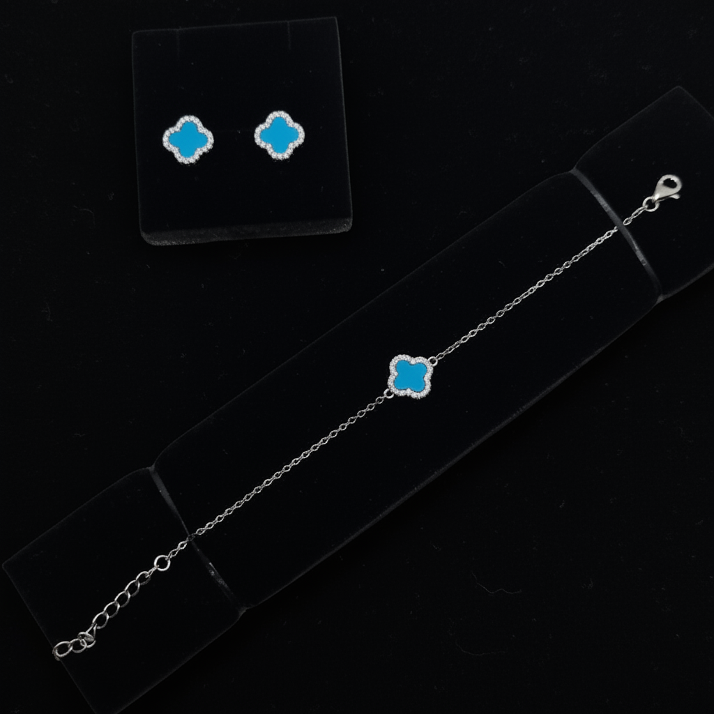 silver-turquoise-clover-harmony-bracelet-earrings-set