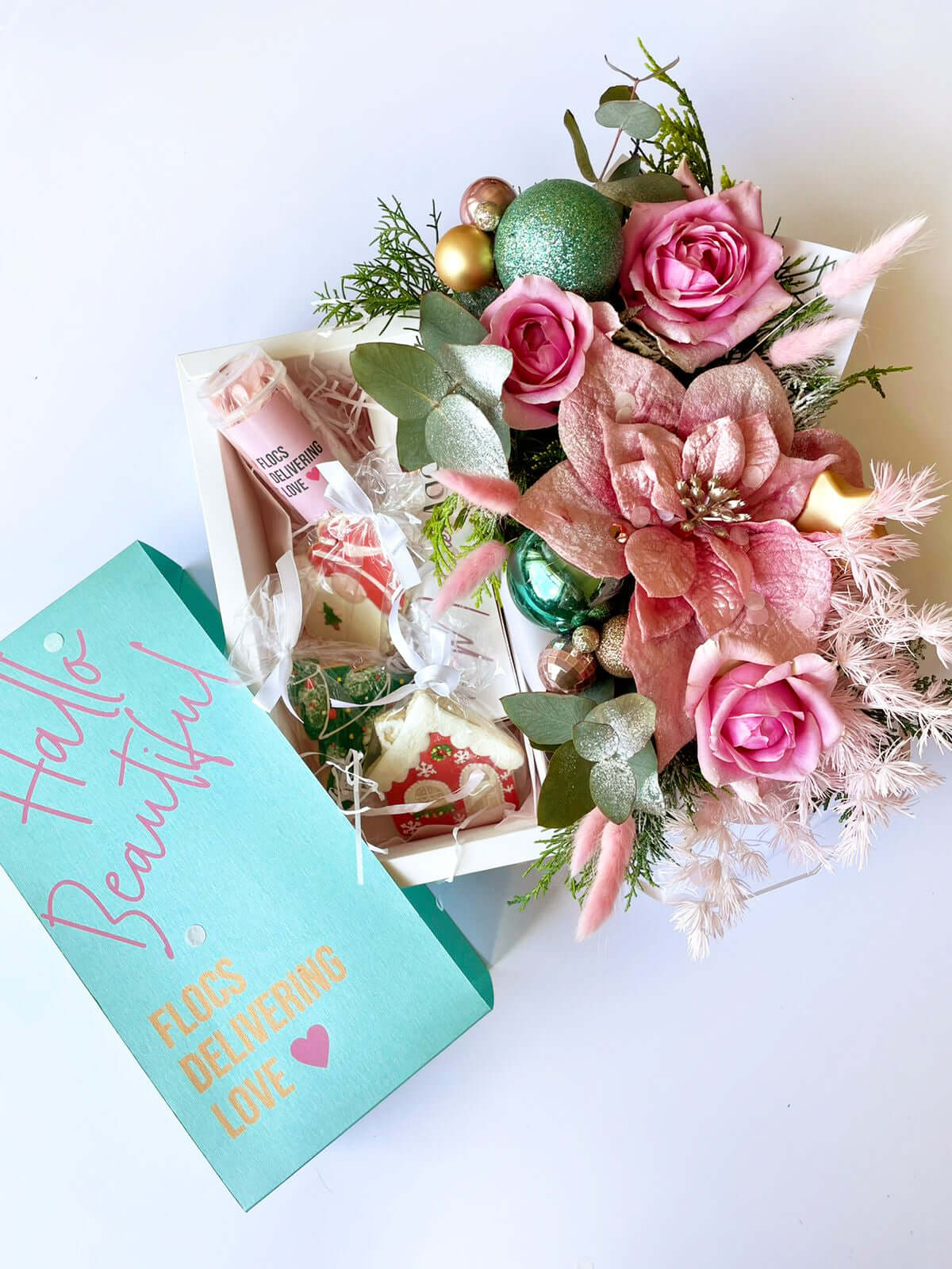 Christmas & New Year Gift Box - Flowers, Macarons & Cookies