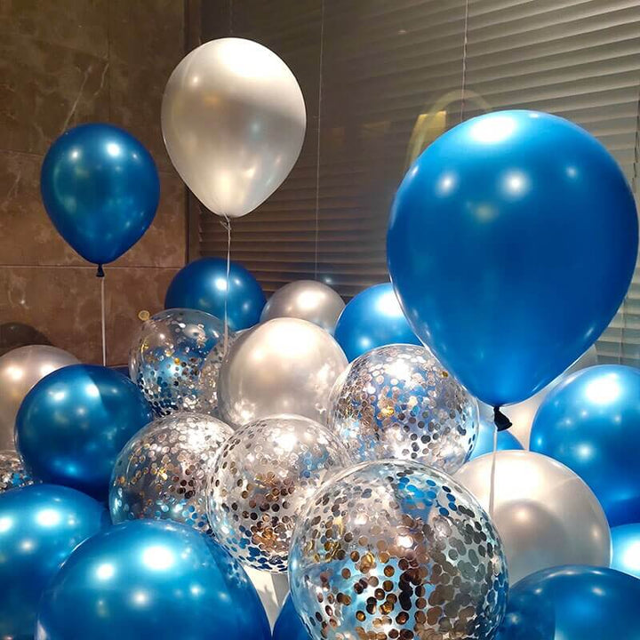 Air-Inflated Balloons Bouquet - Frozen - Blue silver confetti balloons - DodoMarket Mauritius delivery