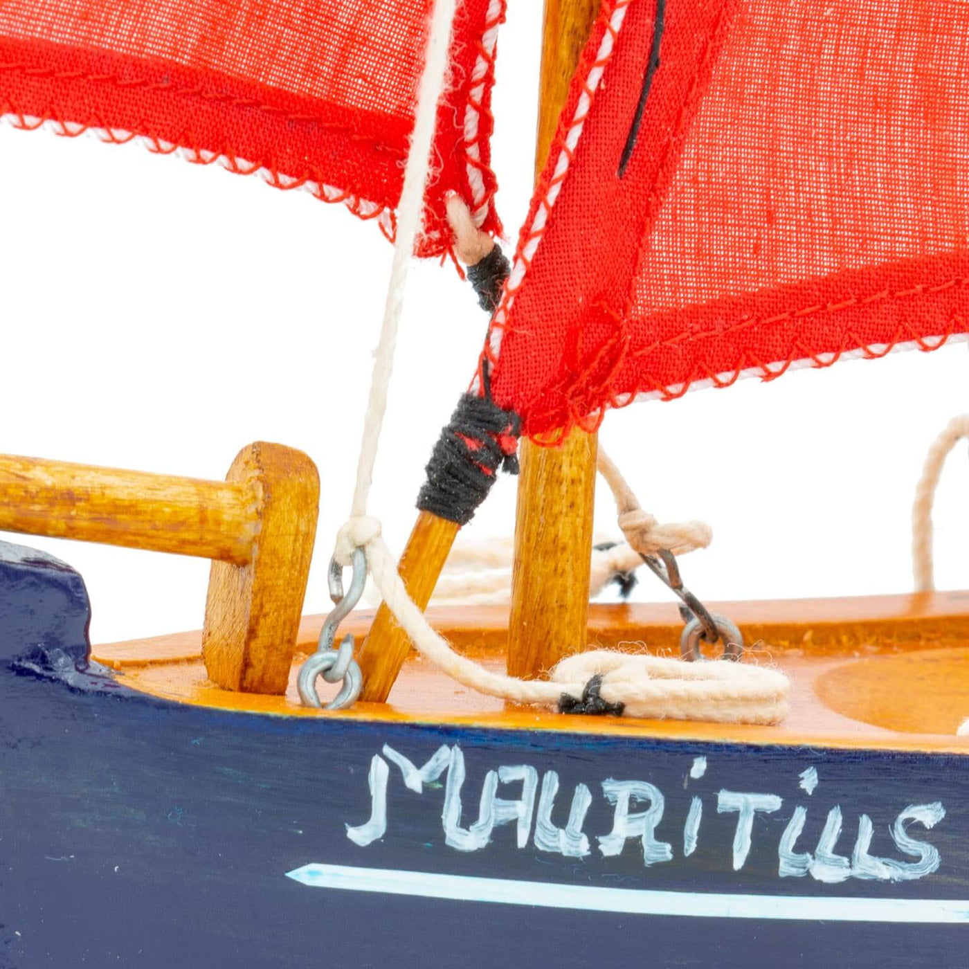 Mauritius-Handmade-Ship-Model-Small Traditional Pirogue - Dark-blue hull with red sail-DodoMarket-Souvenirs