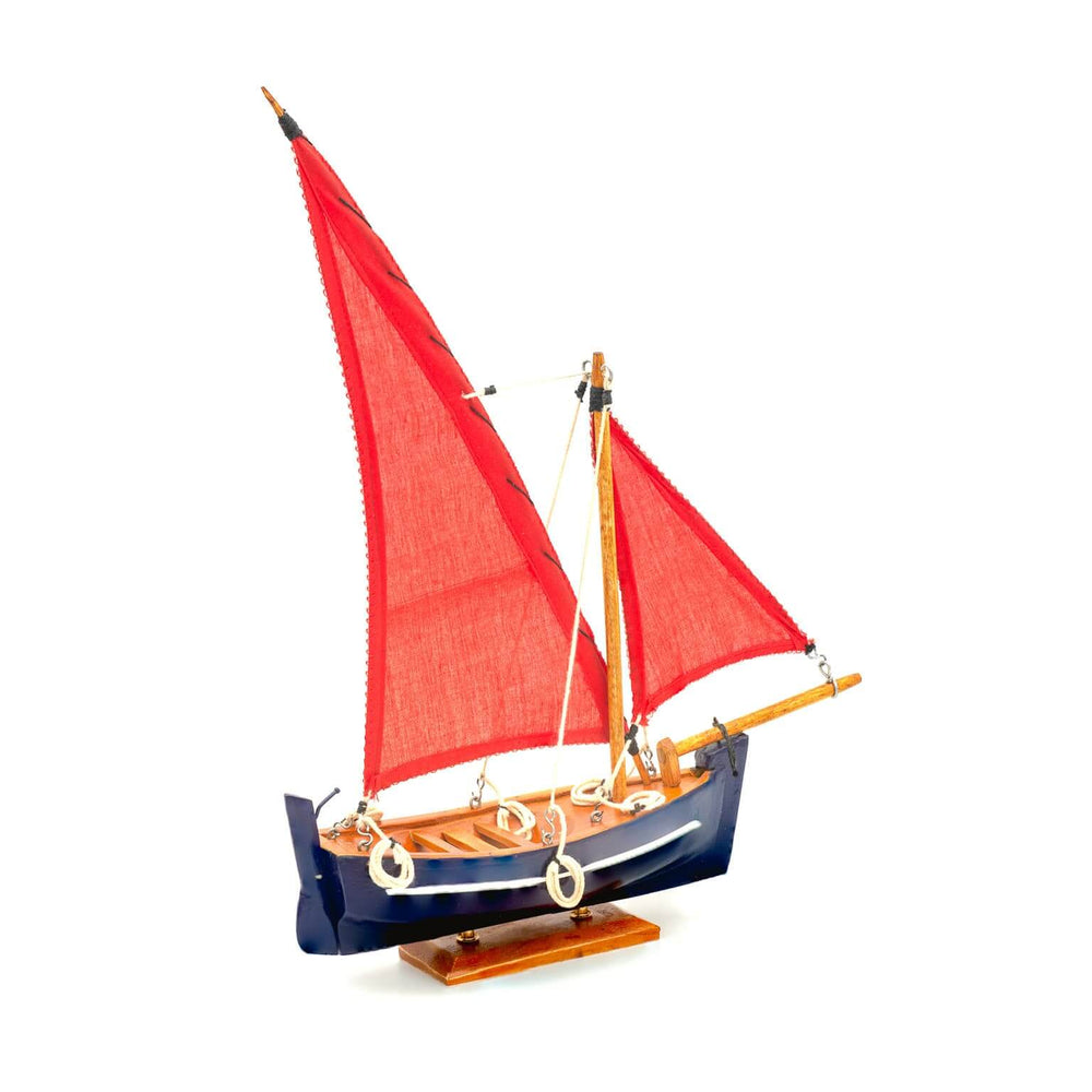Mauritius-Handmade-Ship-Model-Small Traditional Pirogue - Dark-blue hull with red sail-DodoMarket-Souvenirs