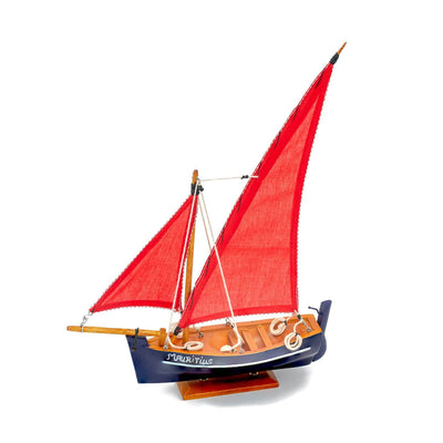 Mauritius-Handmade-Ship-Model-Small Traditional Pirogue - Dark-blue hull with red sail-DodoMarket-Souvenirs