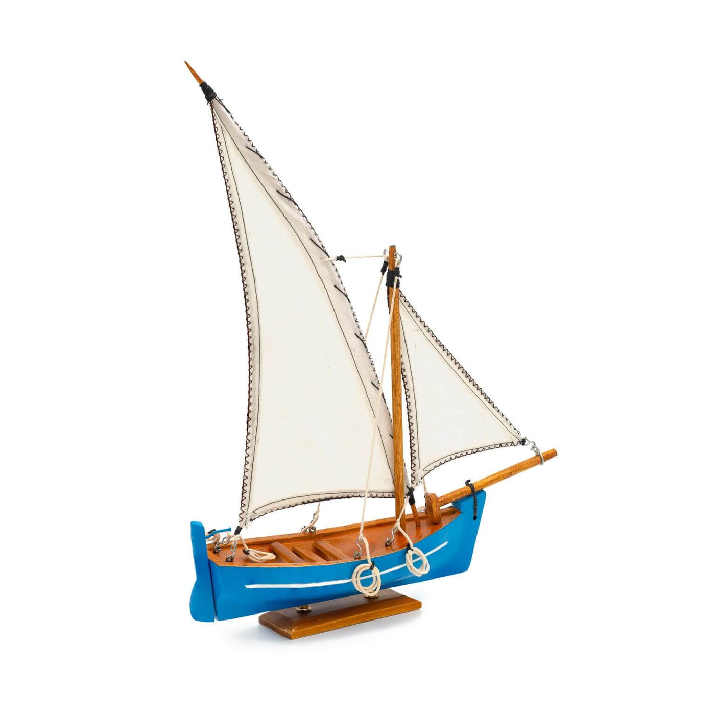 Mauritius-Handmade-Ship-Model-Small Traditional Pirogue - Blue hull with white sail-DodoMarket-Souvenirs