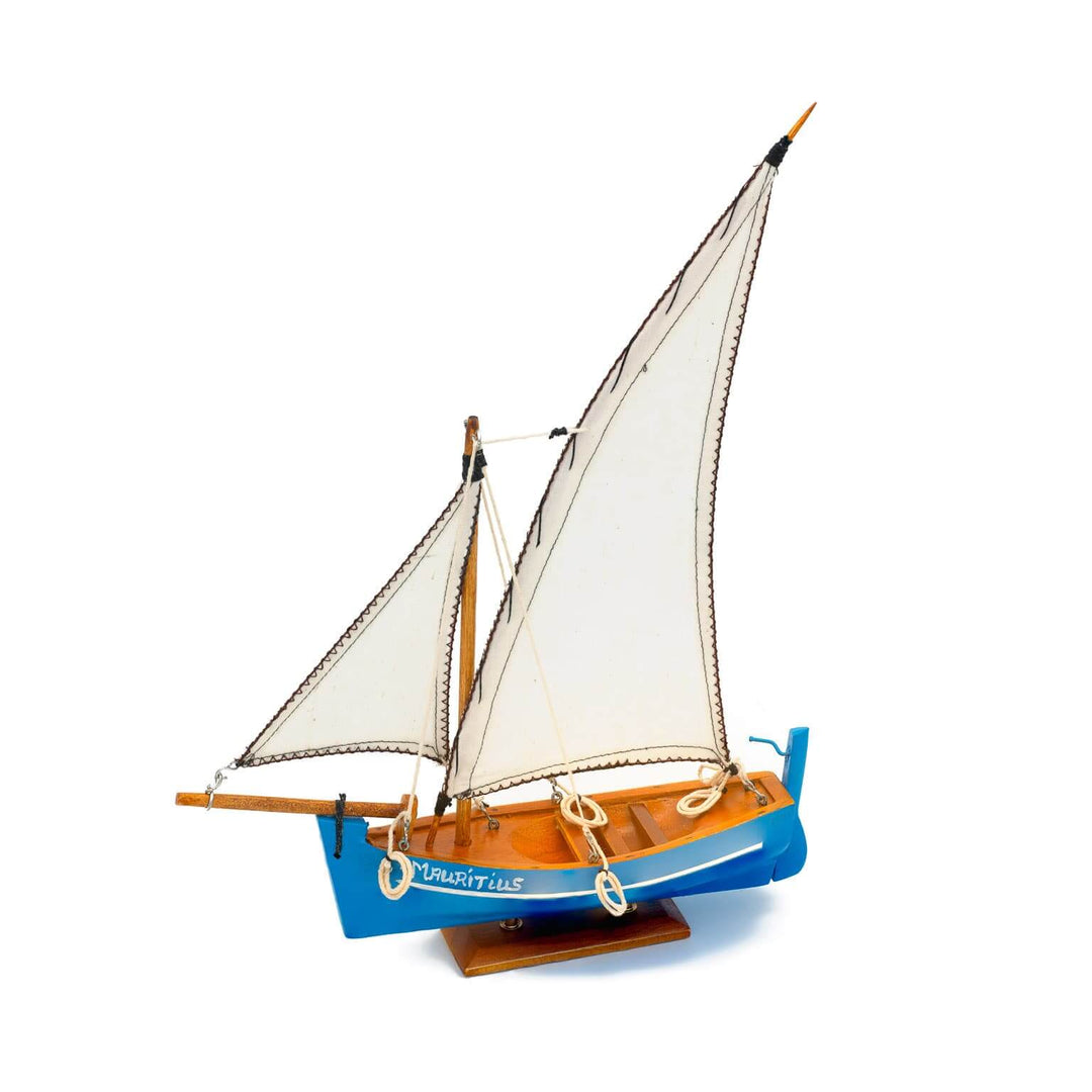 Mauritius-Handmade-Ship-Model-Small Traditional Pirogue - Blue hull with white sail-DodoMarket-Souvenirs